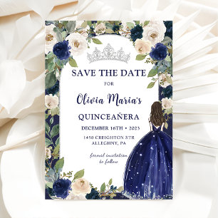 Blue Floral Princess Quinceañera Save The Date