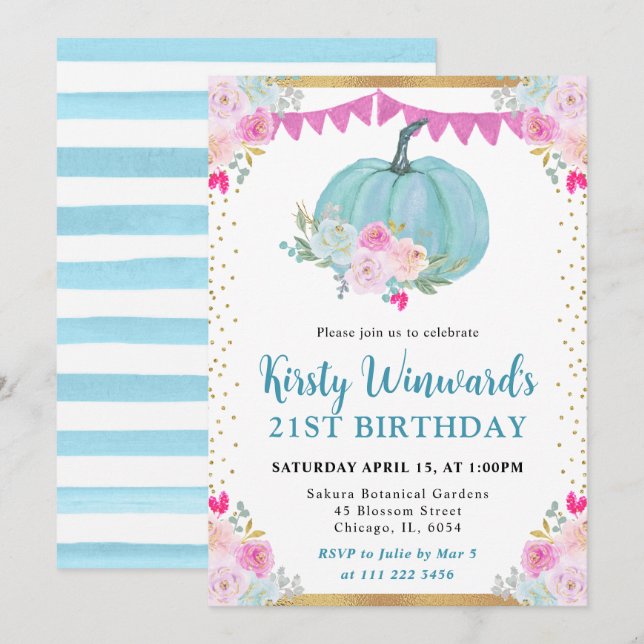 Blue Floral Pumpkin Fall 21st Birthday Invitation (Front/Back)