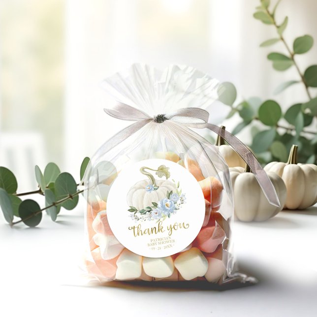 Blue Floral Pumpkin Fall Baby Shower Thank You Classic Round Sticker (Creator Uploaded)