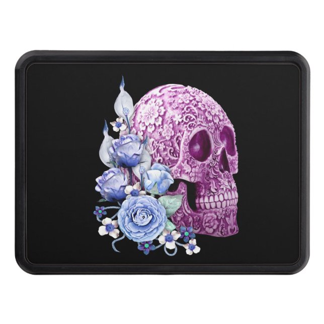 Blue Floral Purple Sugar Skull Day Of The Dead Trailer Hitch Cover (Front)