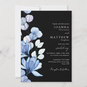 Blue Floral QR Code Black and White Wedding Invitation