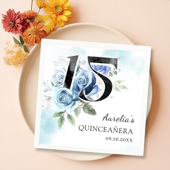 Blue Floral Quinceanera 15th Birthday Napkin (Creator Uploaded)