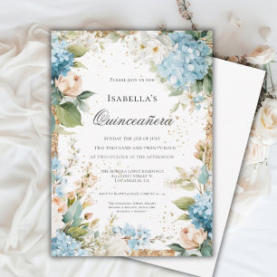 Blue Floral Quinceañera Elegant Celebration 15 Invitation