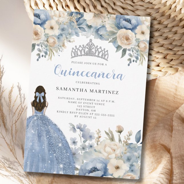 Blue Floral Quinceañera Invitation (Creator Uploaded)