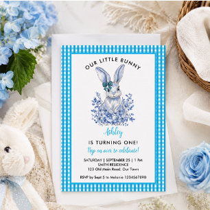 Blue Floral Rabbit 1st Birthday for Kids Invitation