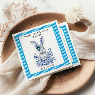  Blue Floral Rabbit 1st Birthday for Kids Napkin