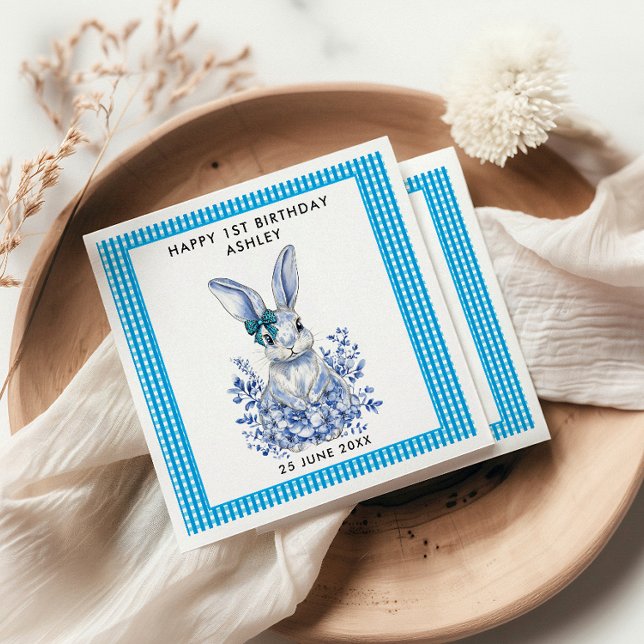  Blue Floral Rabbit 1st Birthday for Kids Napkin (Creator Uploaded)