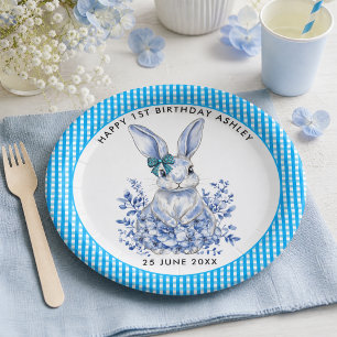 Blue Floral Rabbit 1st Birthday for Kids Paper Plate