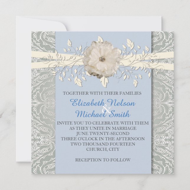Blue Floral Ribbon Silver Damask Wedding Invite (Front)