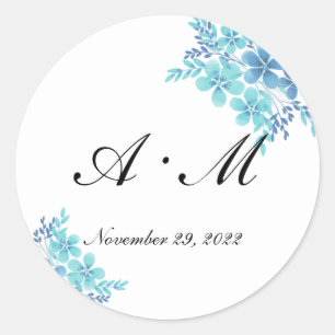 Blue floral romantic monogram wedding sticker