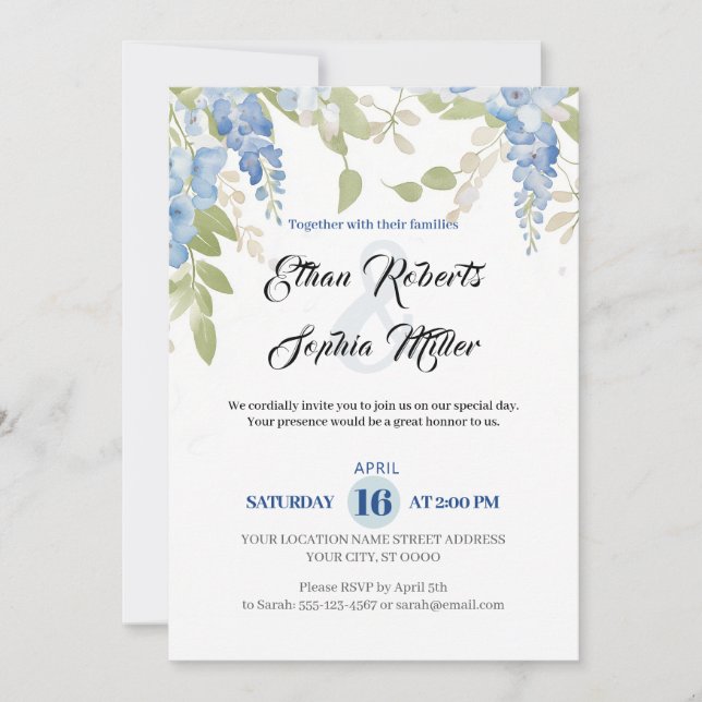 Blue Floral Romantic Wedding Invitation (Front)