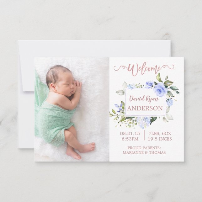 Blue Floral Rose Gold Boy Photo Birth Announcement (Front)