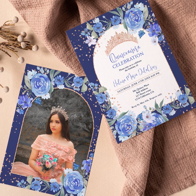 Blue floral Rose gold tiara princess Quinceanera Invitation (Creator Uploaded)