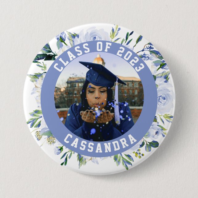 Blue Floral Rose Graduation Photo 3 Inch Round Button (Front)