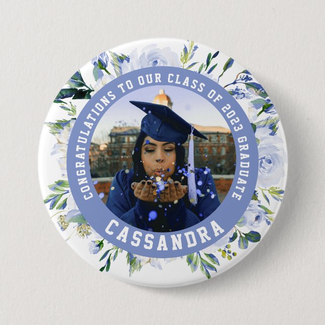 Blue Floral Rose Graduation Photo Button (Front)