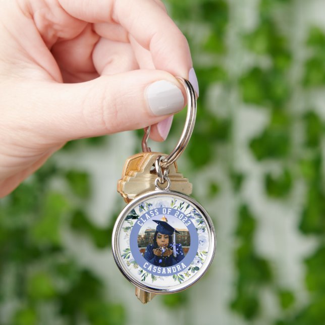 Blue Floral Rose Graduation Photo  Keychain (Hand)