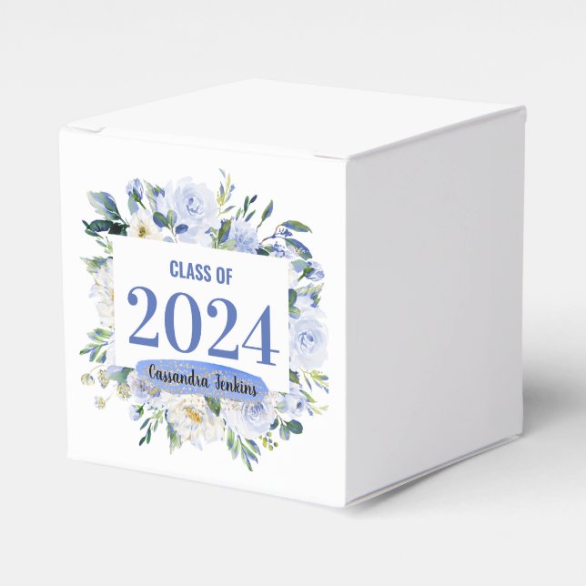 Blue Floral Rose Graduation Year Favor Box (Front Side)
