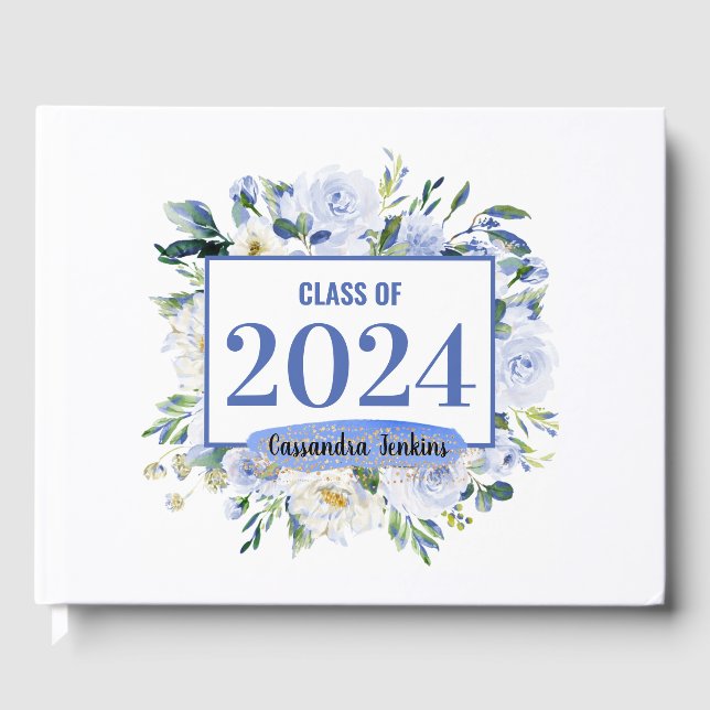 Blue Floral Rose Graduation Year Guest Book (Front)