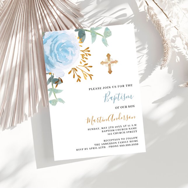 Blue floral rose greenery gold cross boy baptism invitation (Creator Uploaded)