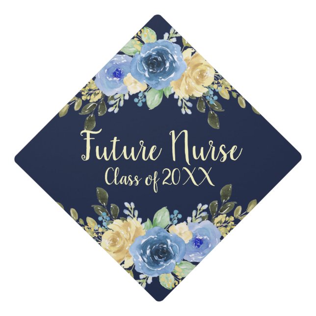 Blue Floral Rose Nursing Graduatuion Tassel Topper (Front)