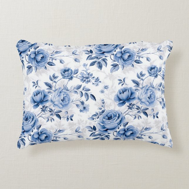 Blue Floral Rose Pattern Throw Pillow (Front)