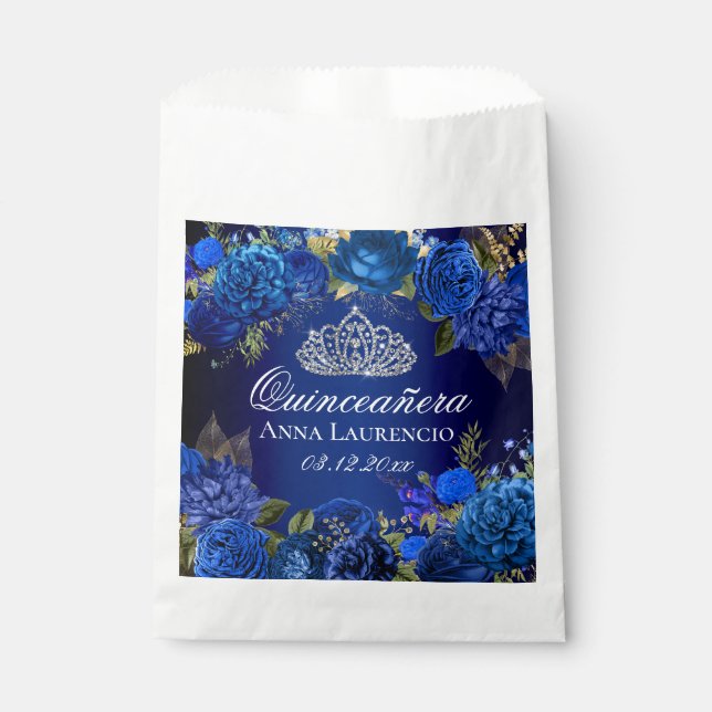 Blue Floral Roses Quinceanera Party Favour Bag (Front)