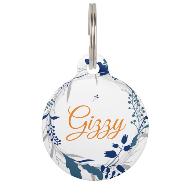 Blue Floral Round Pet Tag (Front)