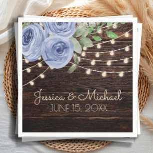 Blue Floral Rustic Wood String Lights Wedding Napkin