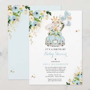 Blue Floral Safari Animals Drive By Baby Shower Invitation