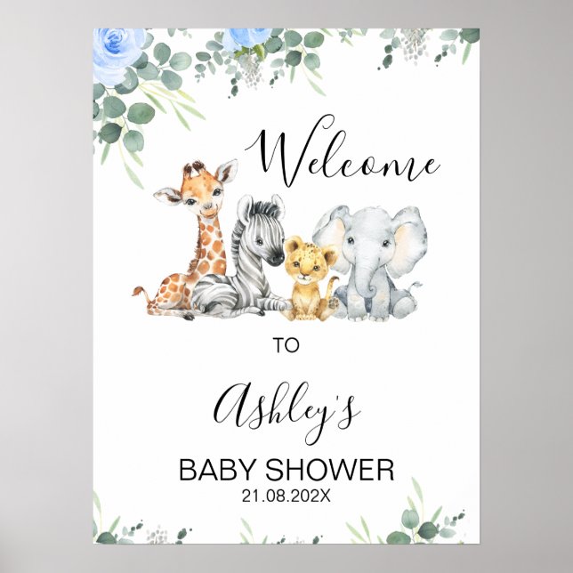 Blue Floral Safari Baby shower Affiche de bienvenu (Devant)