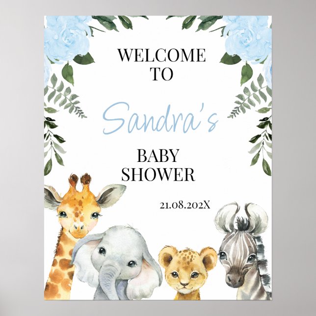 Blue Floral Safari Baby Shower Welcome Sign (Front)