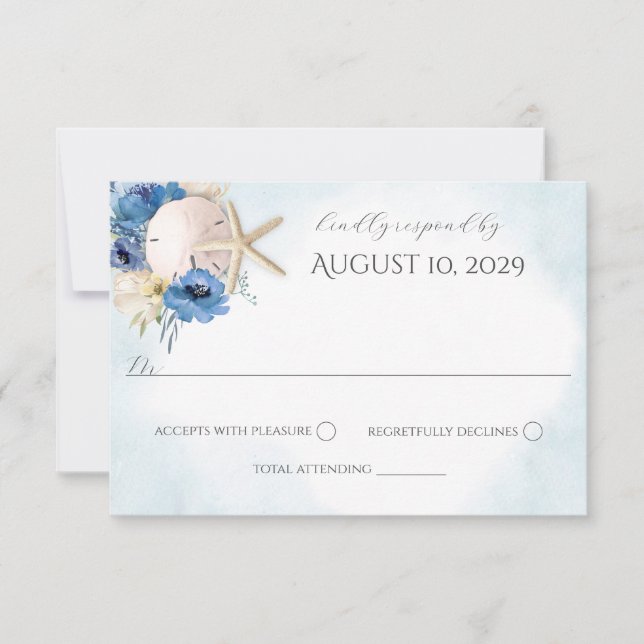 Blue Floral Sand Dollar Plage Mariage Invitation (Devant)