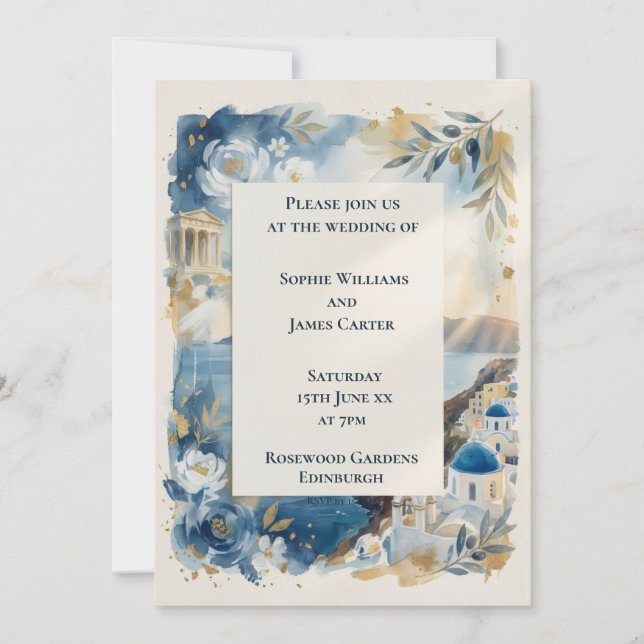 Blue Floral Santorini Wedding Invitation (Front)