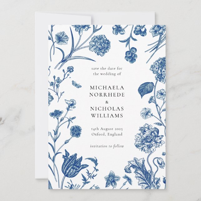 Blue Floral Save the Date Wedding Invitation (Front)