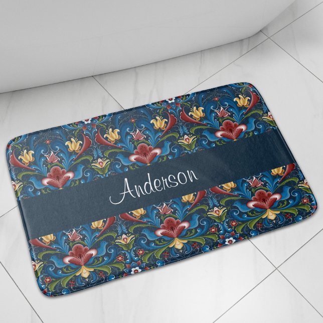Blue Floral Scandinavian Folk Art Pattern Bath Mat (Creator Uploaded)