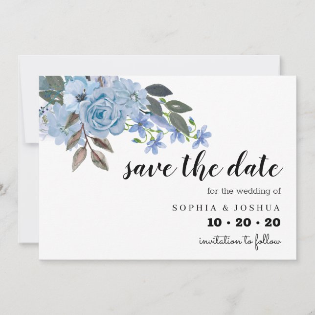 Blue Floral Script Save the Dates Date (Front)