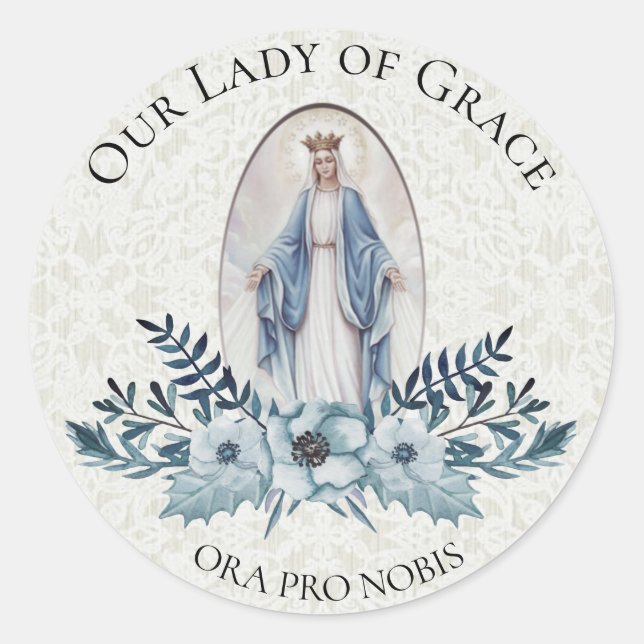 Blue Floral |Scripture | Virgin Mary | Lace Classic Round Sticker (Front)