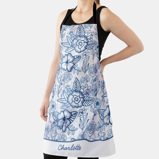 Blue floral seamless pattern personalized name  apron (Insitu)