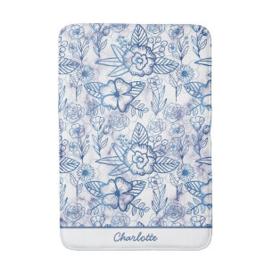 Blue floral seamless pattern personalized name  bath mat
