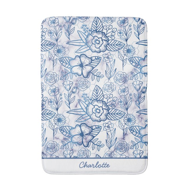 Blue floral seamless pattern personalized name  bath mat (Front Vertical)