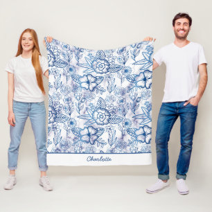 Blue floral seamless pattern personalized name fleece blanket