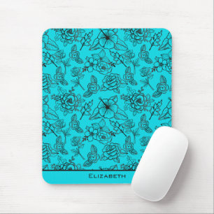 Blue floral seamless pattern personalized name mouse pad