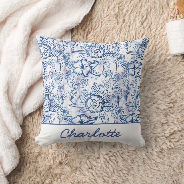 Blue floral seamless pattern personalized name  throw pillow (Blanket)