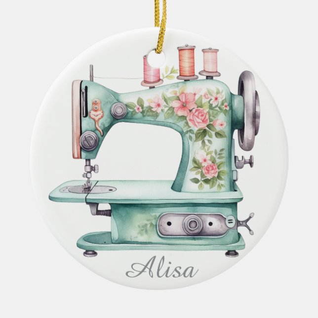 Blue Floral Sewing Machine Ornament  (Front)