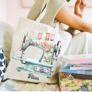 Blue Floral Sewing Machine Tote Bag