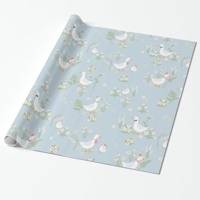 Blue Floral Silly Goose Wrapping Paper (Unrolled)