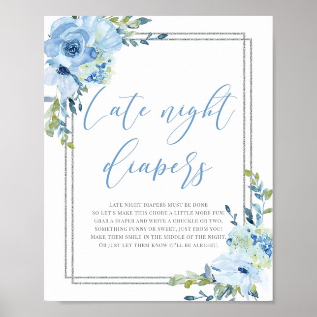 Blue floral silver boho late night diapers sign (Front)