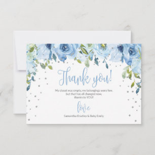 Blue floral silver glitter baby shower thank you card