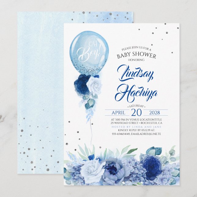 Blue Floral Silver Glitter Balloon Baby Shower Invitation (Front/Back)