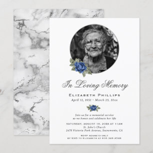Blue Floral Silver Marble Photo Memorial Service Invitation